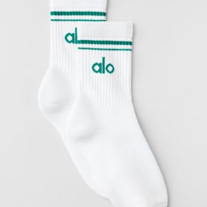 Alo Yoga Unisex Half-Crew Throwback Sock - White/Emerald Isle