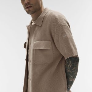 Alo Yoga Sports Club Sweater Knit Short Sleeve Button Up - Gravel