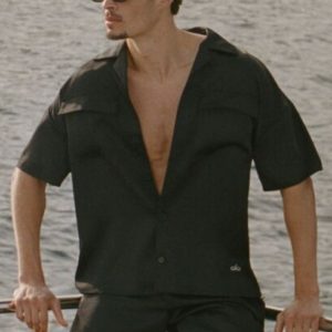 Alo Yoga Satin Horizon Short Sleeve Button Up - Black