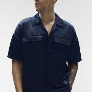 Alo Yoga Satin Horizon Short Sleeve Button Up - Navy