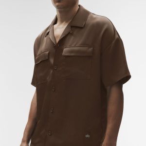 Alo Yoga Satin Horizon Short Sleeve Button Up - Espresso