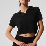 Alo Yoga Cashmere Plush Waffle Polo Tee - Black
