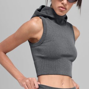 Alo Yoga Seamless Two Tone Rib Hooded Vest - Dark Misty Grey Heather