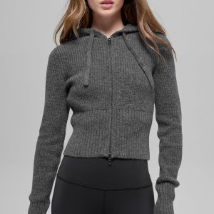Alo Yoga Wool Cashmere Ribbed Noble Full Zip Hoodie - Platinum Grey