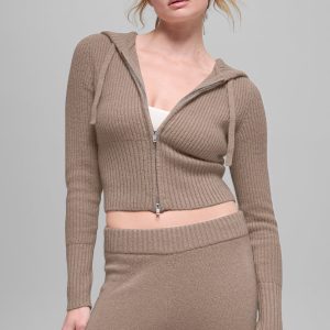 Alo Yoga Wool Cashmere Ribbed Noble Full Zip Hoodie - Chai Latte
