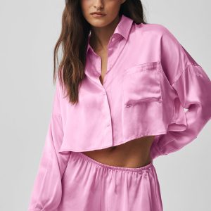 Alo Yoga Silk Luminous Cropped Button Down Long Sleeve - Candy Heart Pink