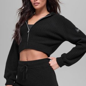 Alo Yoga Cashmere Plush Waffle Full Zip Hoodie - Black