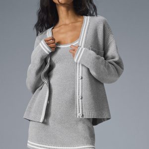Alo Yoga Tennis Club Sweater Knit Cardigan - Athletic Heather Grey/White