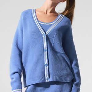 Alo Yoga Tennis Club Sweater Knit Cardigan - Crystal Clear Blue/White