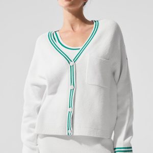 Alo Yoga Tennis Club Sweater Knit Cardigan - White/Spruce Green