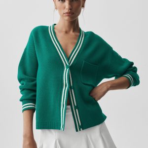 Alo Yoga Tennis Club Sweater Knit Cardigan - Emerald Isle/Ivory