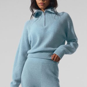 Alo Yoga Cashmere Plush Waffle 1/4 Zip Pullover - Celestial Blue Heather