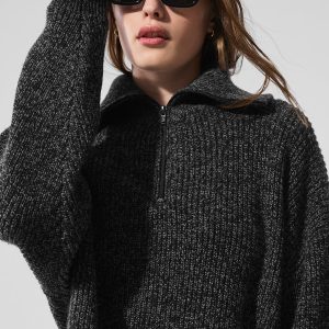 Alo Yoga Marl Sweater 1/4 Zip Pullover - Black Marl
