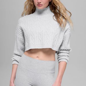 Alo Yoga Cable Knit Cropped Winter Bliss Turtleneck Long Sleeve - Athletic Heather Grey