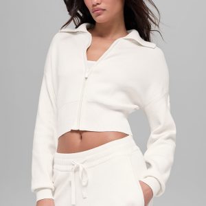 Alo Yoga Scholar Knit Cropped Full Zip Jacket - Ivory