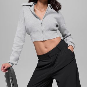 Alo Yoga Scholar Knit Cropped Full Zip Jacket - Athletic Heather Grey
