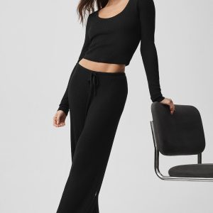Alo Yoga Sweater Knit Mid-Rise Unwind Wide Leg Pant - Black