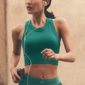 Alo Yoga Seamless Modal Ribbed High Neck Delight Bra - Emerald Isle